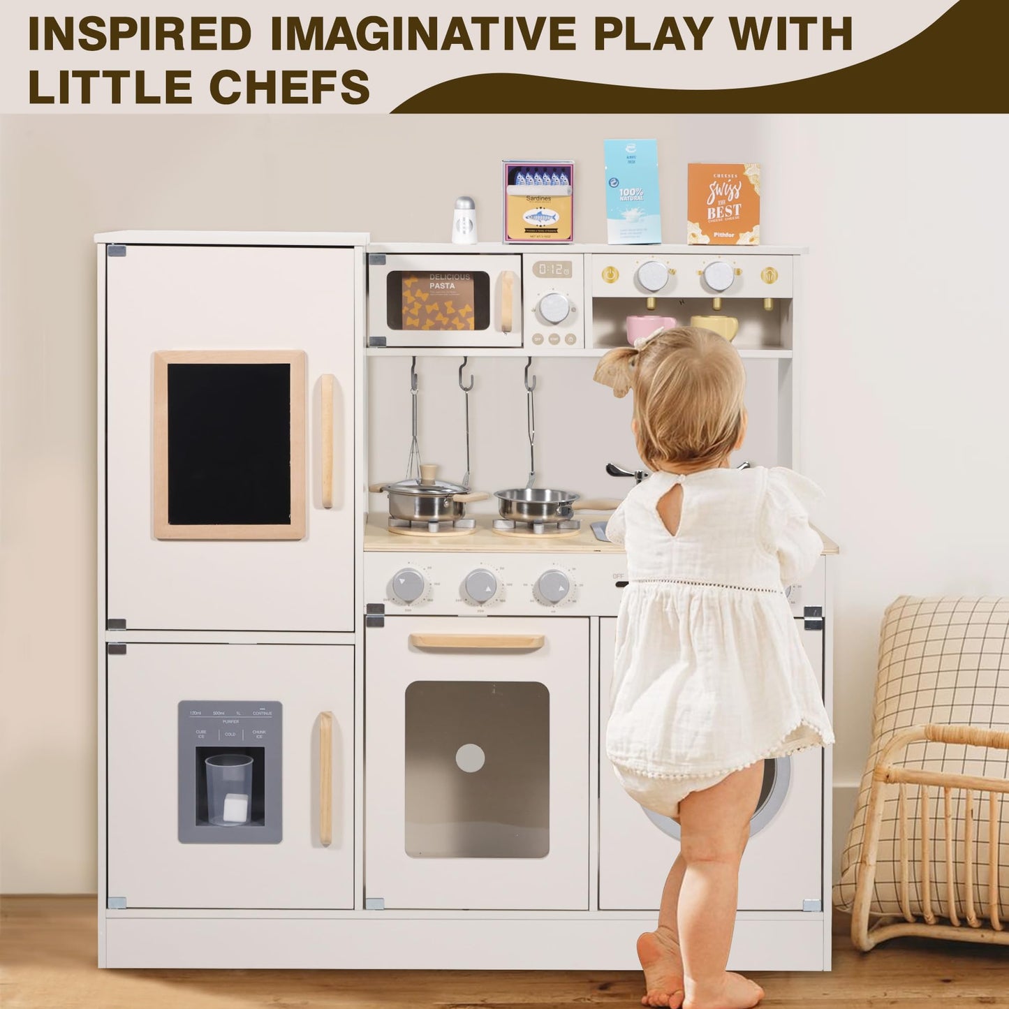 Pithfor Wooden Kitchen Playset for Kids Toddler, Pretend Play Kitchen Set Toy for Girls and Boys, with Kitchen Accessories