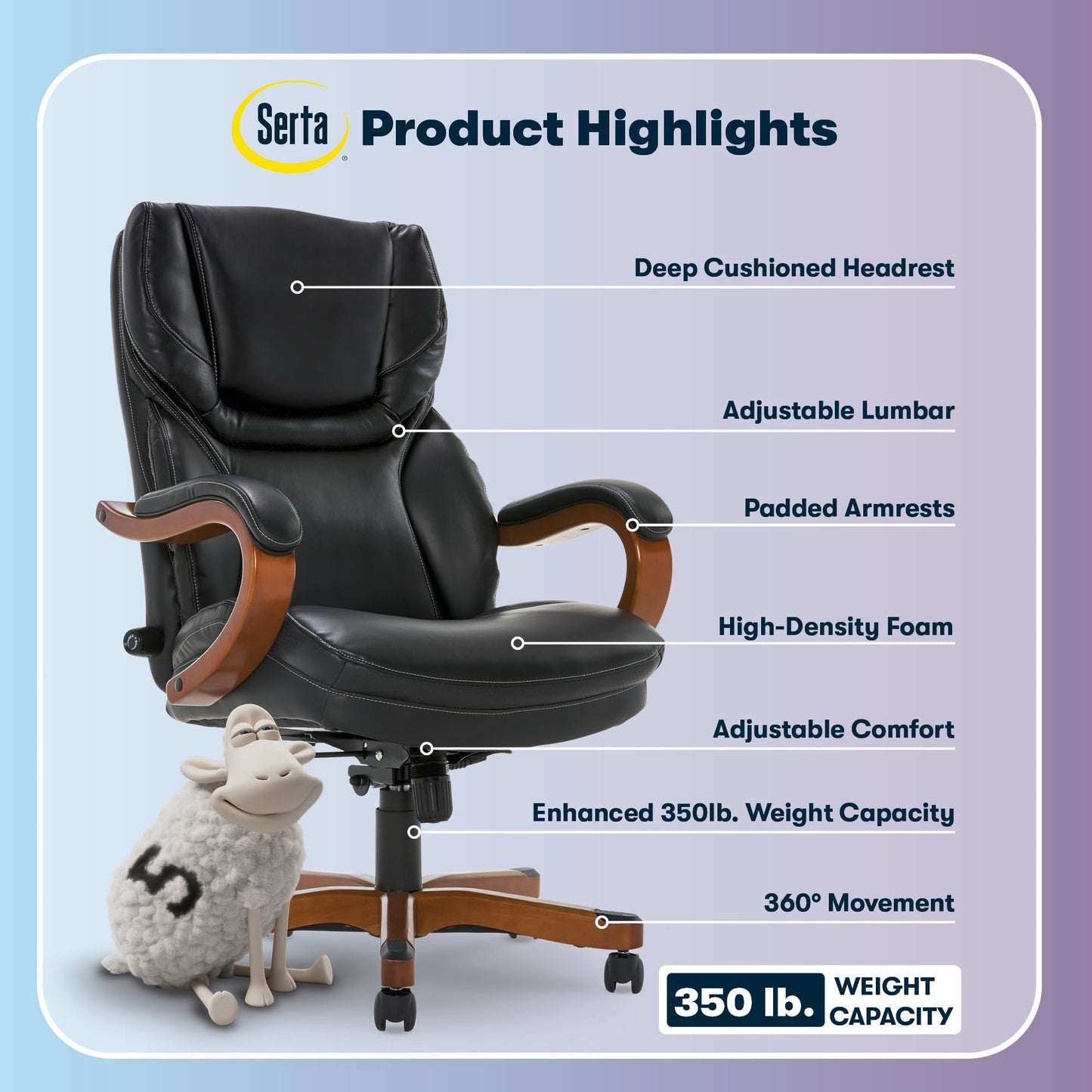 Serta Conway Big and Tall Executive Office Chair - Ergonomic Lumbar Support, Bonded Leather, Padded Armrests, High Back Computer Desk Chair, Black