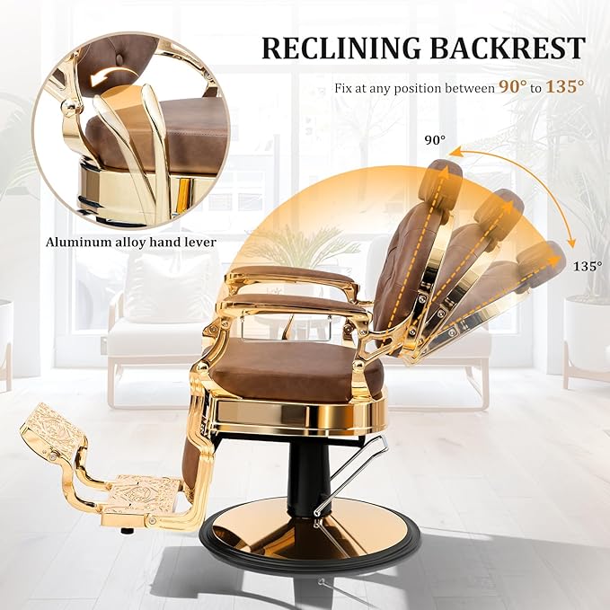 OmySalon Retro Barber Chair Heavy Duty, Aluminum Alloy Frame, Adjustable Headrest, Extra Wide Footrest, Hydraulic Salon Chair for Hair Stylist Reclining All Purpose for Beauty Spa Shampoo, Brown Gold