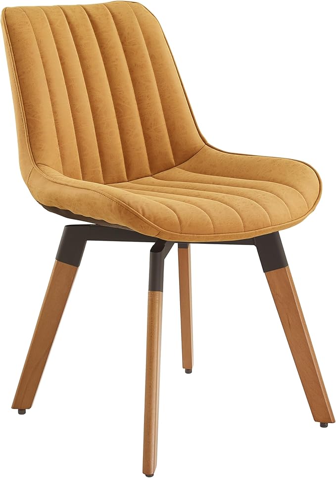 Art Leon Swivel Dining Chairs Set of 2, Mid Century Modern Kitchen Dining Room Chairs, Upholstered Faux Leather Armless Side Chair with Wood Legs for Living Room Bedroom, Yellow Brown