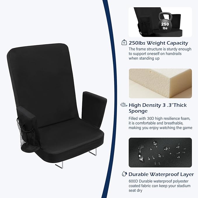 TOPSKY Stadium Seat with Back Support, Comfortable Padded Cushion, Folding Bleacher Seat with Metal Hook, Shoulder Strap, Carry Handle, Cup Holder (Black, 1 Pack)
