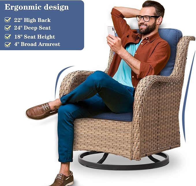 Belord Wicker Outdoor Furniture Patio Furniture Set - 6 Piece Patio Conversation Set with Swivel Rocker Chairs, Rattan Sofa, Ottomans and Coffee Table, Blue Cushion