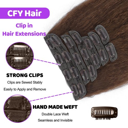 22 Inch Brown Kinky Straight Clip in Hair Extensions Real Human Hair Clip ins Unprocessed Brazilian Virgin Hair Clip on Hair Extensions 4# Kinky Straight Clip ins 8pcs 20 Clips 100g/Set