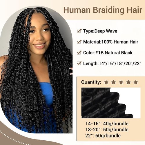 Human Braiding Hair for Boho Knotless Braids 3 Bundles 18 Inches 150g Deep Wave 10A Brazilian Virgin Human Bohemian Hair for Braiding Natural Black 1B