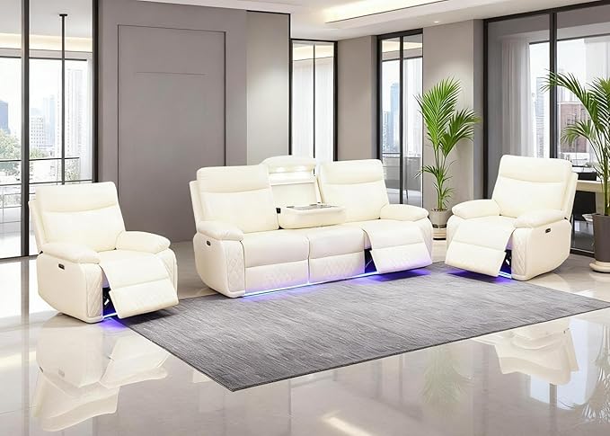 Toseslo Power Leather Sofa and 2 Chairs Set, Recliner Sofa Set with LED Light, Living Room Furniture Sets, Modern Power Reclining Sets with Cup Holder/Storage Console for House, Vanilla White