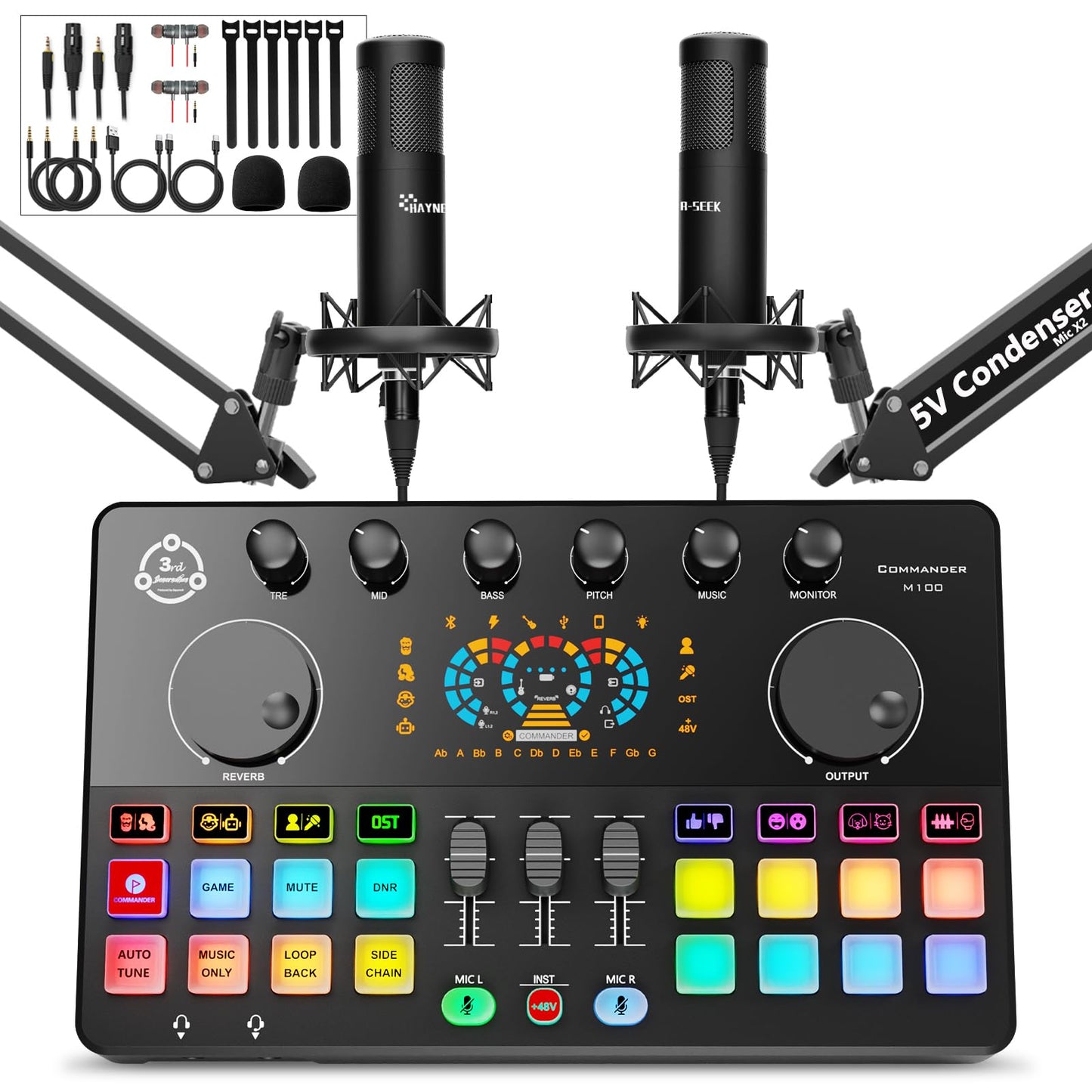Podcast Equipment Bundle for 2, Audio Interface with Condenser Microphone, Voice Change, DJ Mixer for Streaming, Podcast Recordi