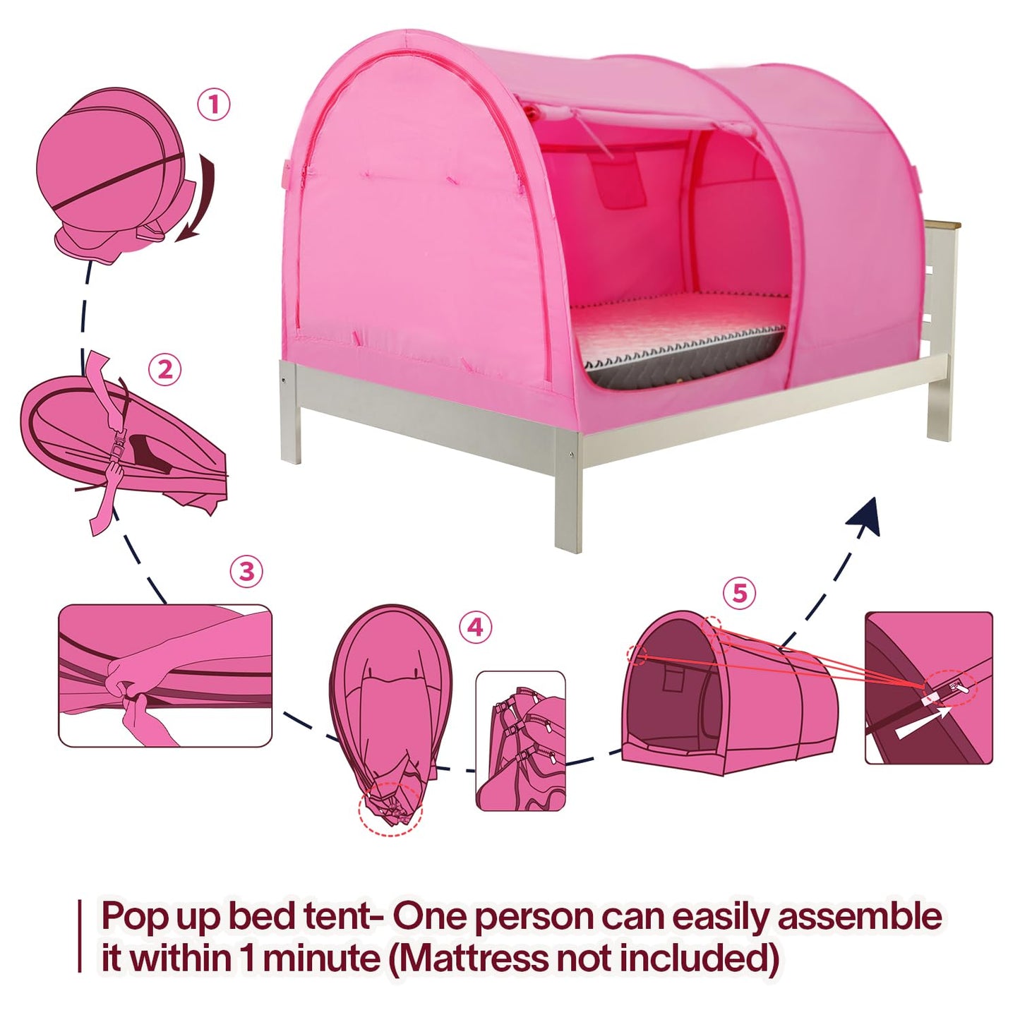 Bed Tent Dream Tents Bed Canopy Shelter Cabin Indoor Privacy Warm Breathable Pop Up Twin Size for Kids and Adult Patent Pending Pink(Mattress Not Included)