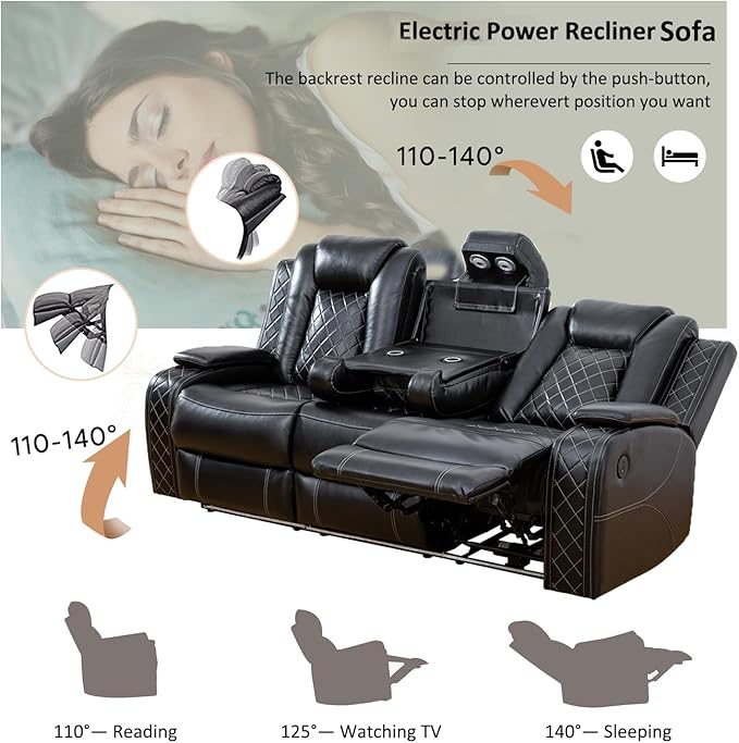 A Ainehome Luxury Furniture Sets Power Recliner Sofa Set Recliner Leather Sofas Loveseat Chair for Living Room Furniture/Small Space/Rv/House/Office/Theater Seating (F-Black,Sofa(3seater))