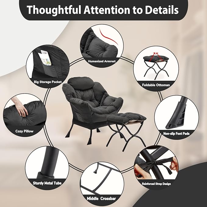 Youtanic Lazy Chair with Folding Ottoman, Accent Chair Velvet Upholstered with Metal Structure and Non-Slip Pads, Sofa Armchair with Footrest and Side Storage Bag for Dorm, Office, Charcoal