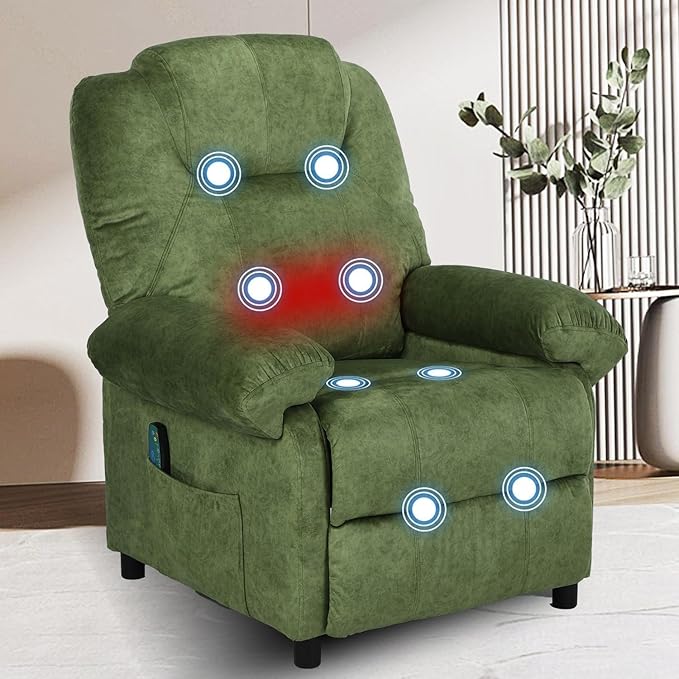 Pushback Massage Recliner Chair with Heat, Fabric Heated Massaging Reclining Chair Single Sofa for Adults, Mid Century Small Push Back Manual Recliner for Living Room,Green