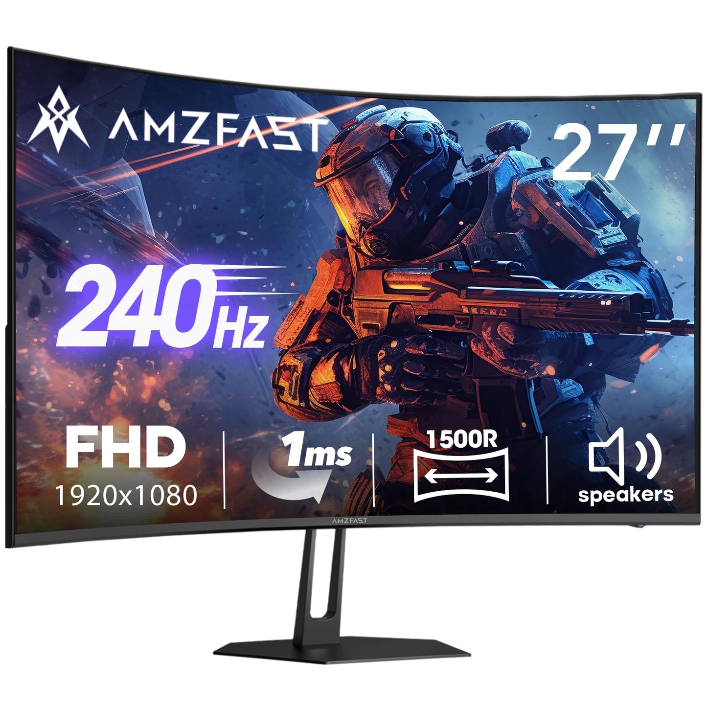 Amzfast 27 inch 240Hz Curved Monitor, FHD 1080p Gaming Monitor, Built-in Speakers, FreeSync, MPRT 1ms, 130% sRGB, 4000:1, 1500R, VESA Mount, HDMI 2.0&DP 1.4, 12 Months Warranty Exchange, AMZG27C1 Pro