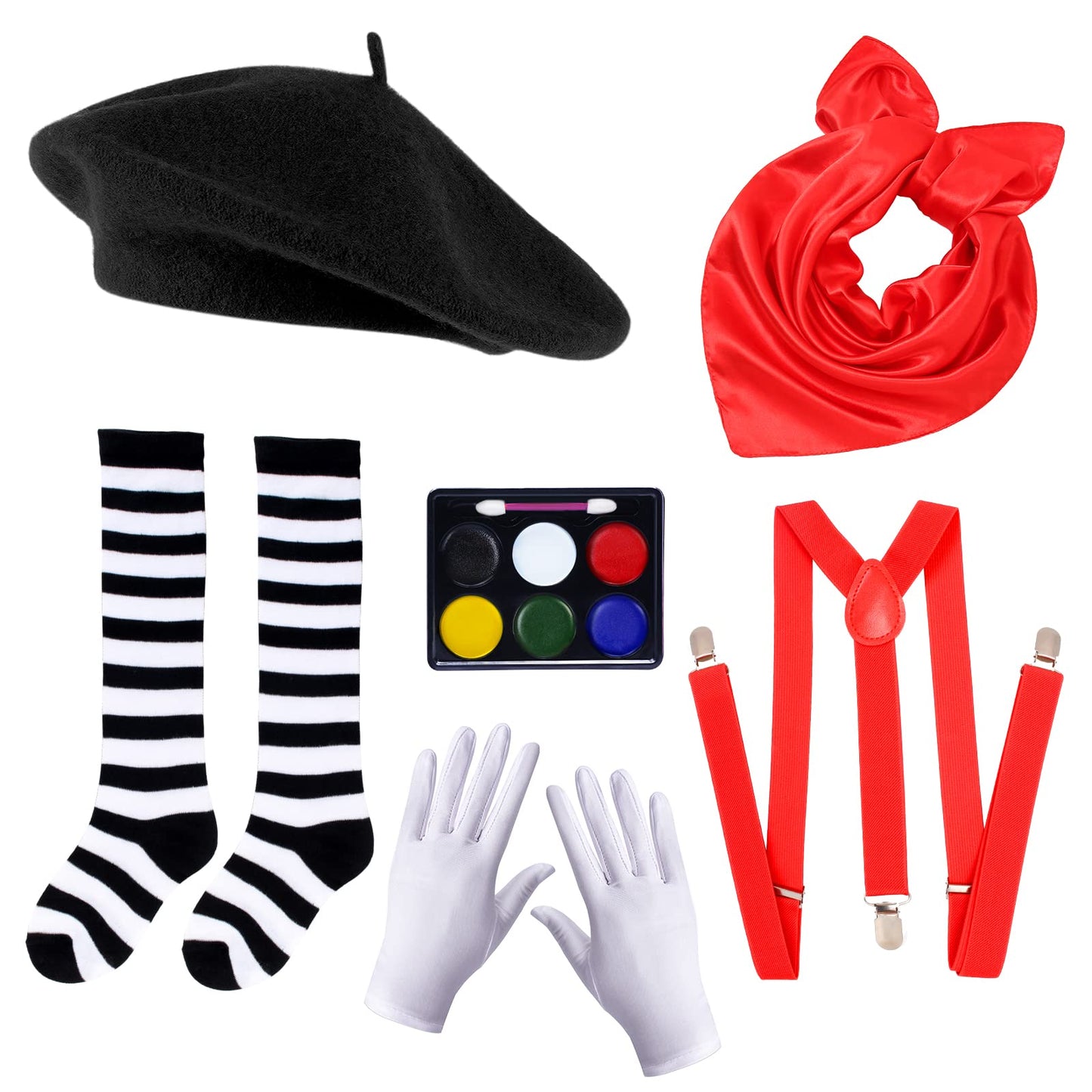 Keymall Kids Mime Artist Costume Accessories with French Beret Hat Suspender Scarf Gloves Face Paint Striped Socks for Halloween Carnival Dress Up Costume