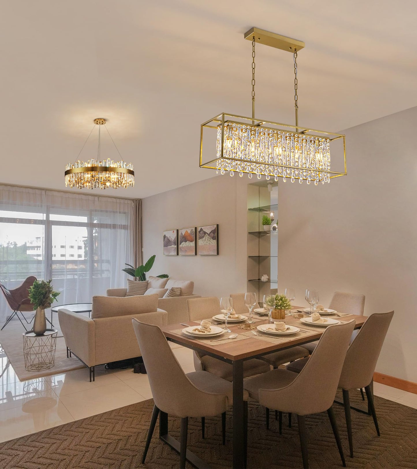 Siljoy Rectangular Gold Crystal Chandelier for Dining Room, 5-Light Modern K9 Crystal Raindrop Chandelier Luxury Crystal Pendant Ceiling Light for Living Room Kitchen Island L35.4'' x W11'' x H12''