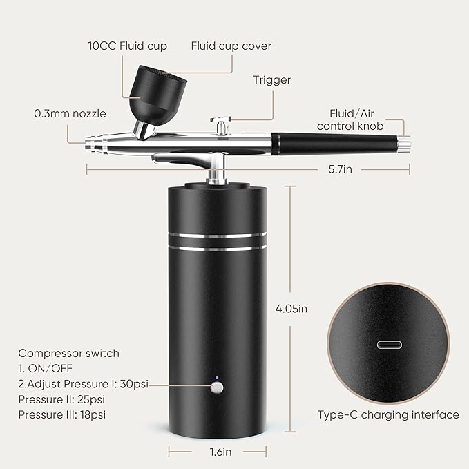Airbrush Kit with Compressor 30PSI Portable Airbrush Gun Rechargeable Handheld Cordless Air Brush for Nails Art, Painting, Cake Decor, Cookie, Mode, Makeup, Barber (Black)