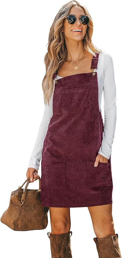 CUPSHE Women Corduroy Fall Dresses Front Bib Pocket Square Neck Wide Strap Casual Overall Mini Dress