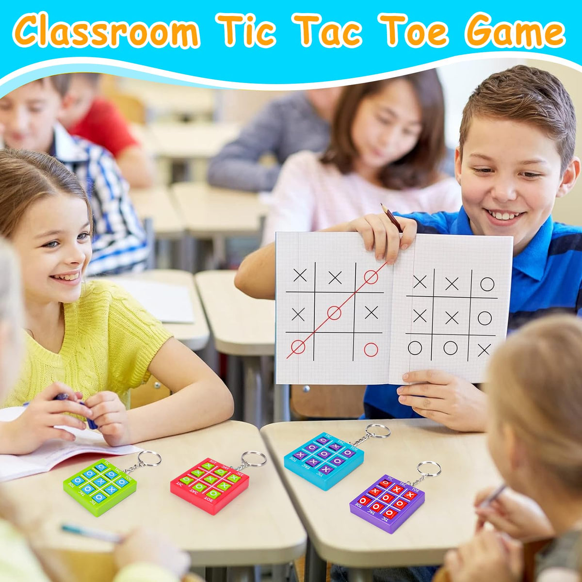 Party Favors for Kids 8-12 4-8 ,16 Pack Tic Tac Toe Game Keychain Fidget Bulk Back to School Student Gifts Classroom Treasure Box Toys Prizes Goodie Bag Stuffers Pinata Fillers Birthday Return Gifts