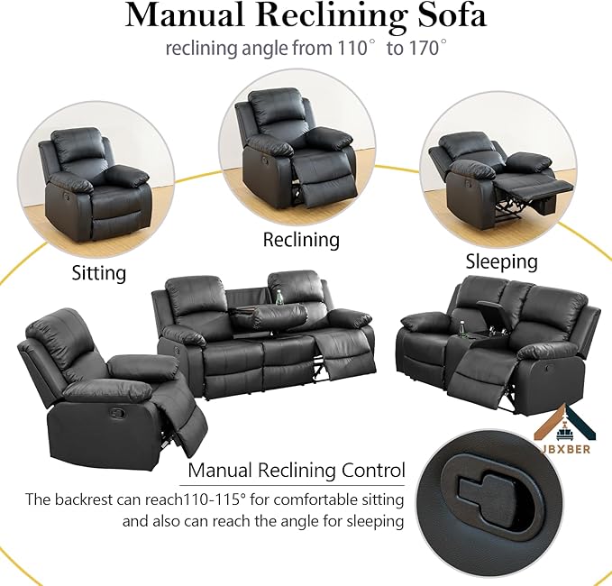 JBXBER Manual Recliner Sofa Set for Living Room, Leather Reclining Sofa Sets, Faux Leather Couch Set with Cup Holders, Drop-Down Table and Storage Console(Sofa and Chair,Black)