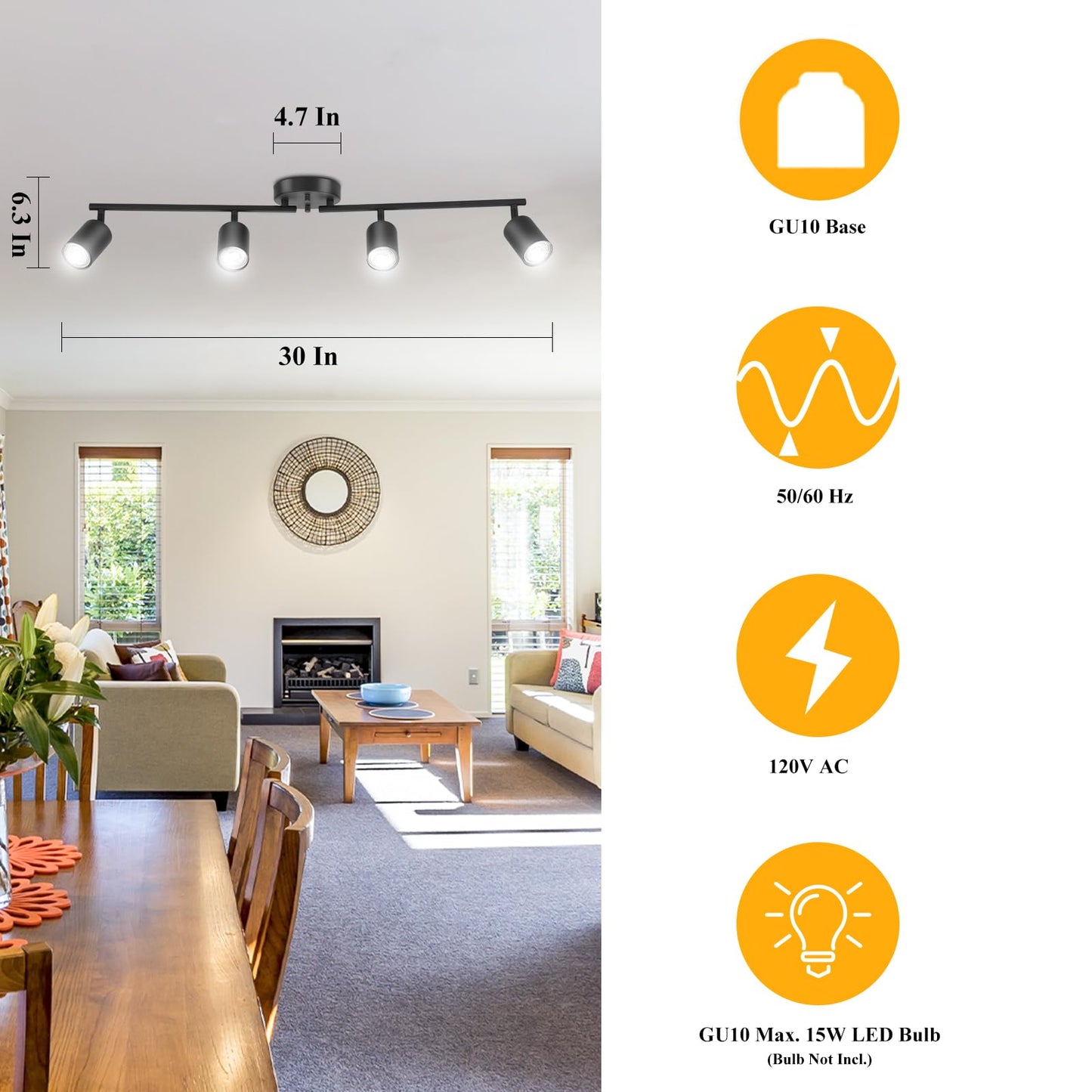 BoostArea LED 4 Light Track Lighting Kit, Black 4 Way Ceiling Spot Lighting, Flexibly Rotatable Light Head for Kitchen, Living Room, Bedroom, Bulb Not Included