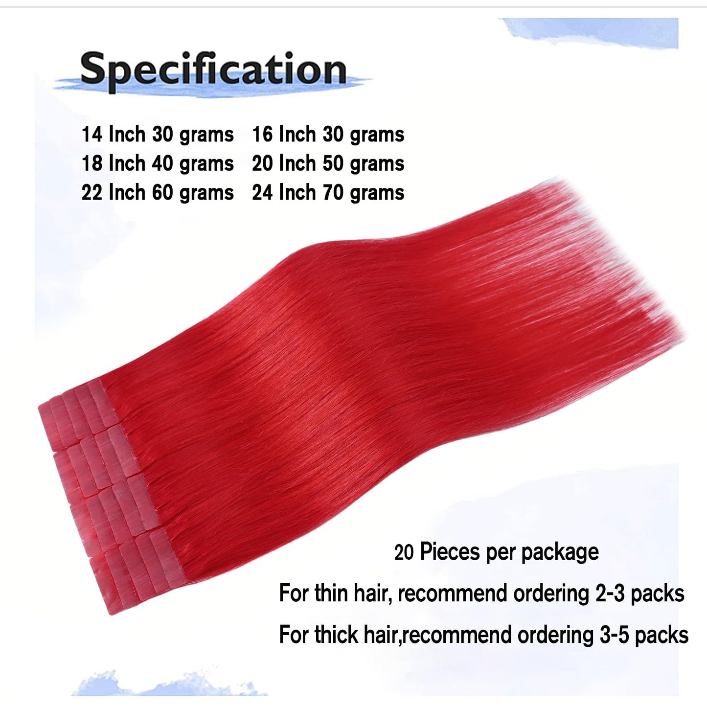 Red Tape in Hair Extensions Human Hair 16 Inch 30G 100% Remy Human Hair Extensions Silky Straight for Women 20 Pcs/Package