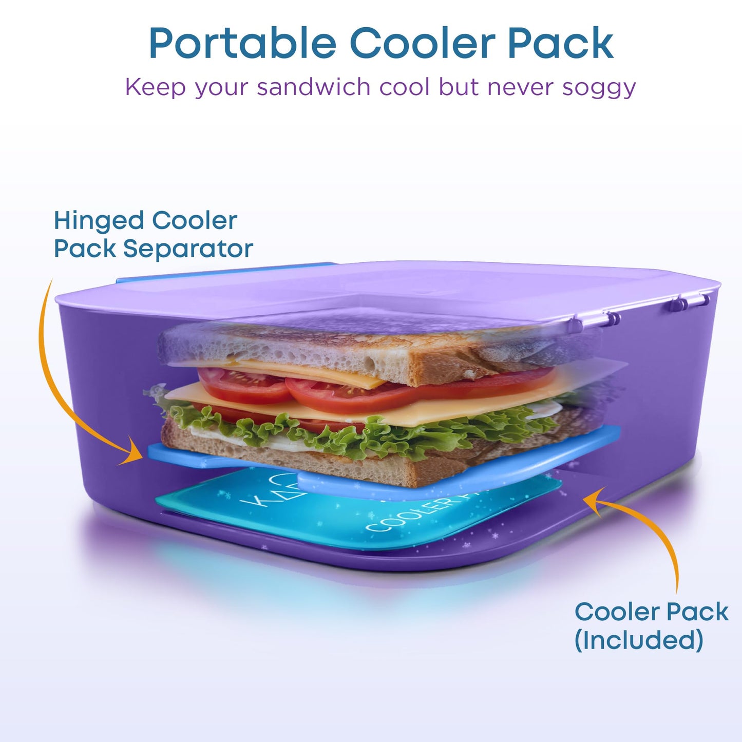 KARRICO Leakproof Lunch Box – 3-Compartment Bento Box, Cooler Pack & Adjustable Divider, Extra Large & BPA-Free – Dishwasher Safe, Ideal for On-the-Go Meals, Lilac & Blue