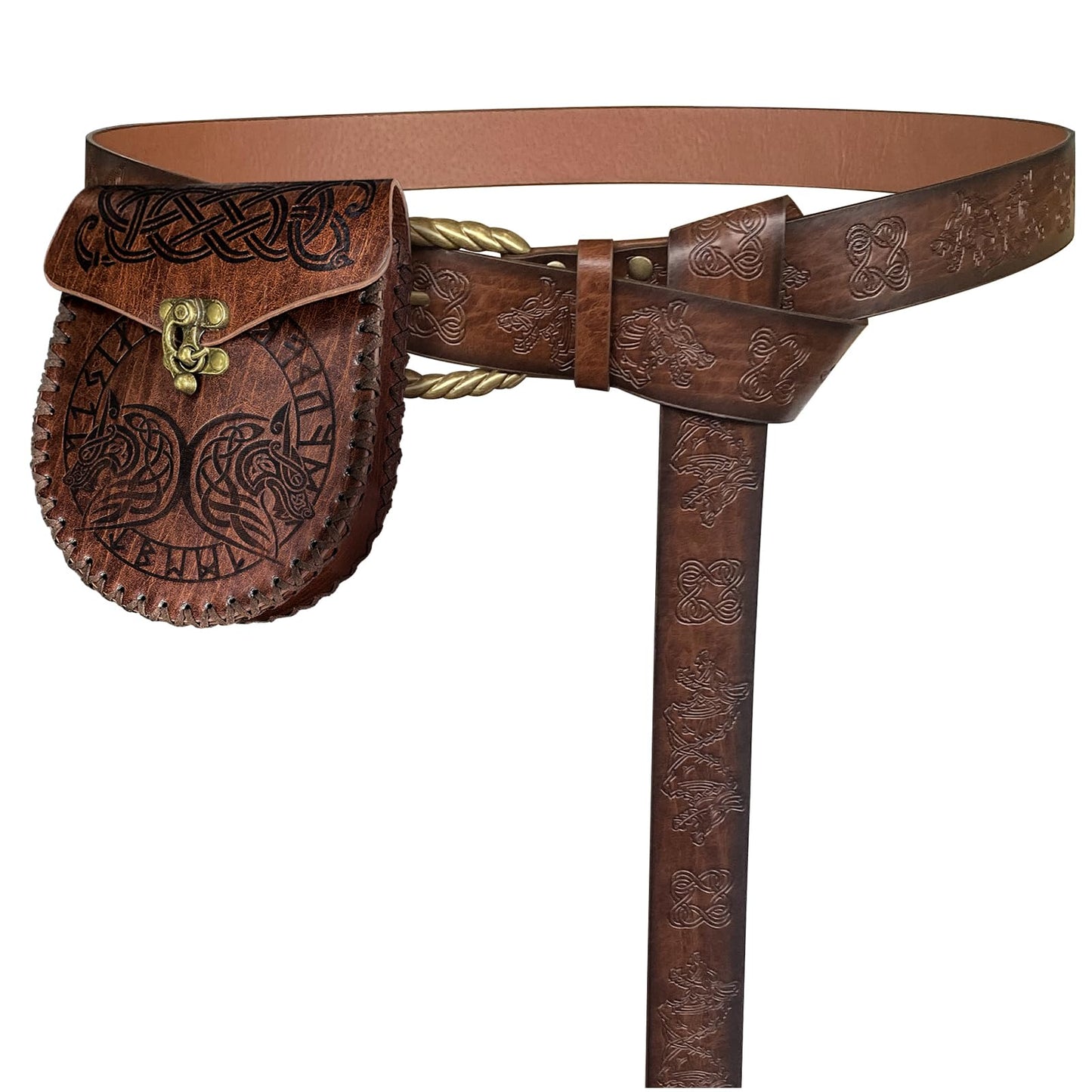 HiiFeuer Viking Fenrir Embossed Buckle Belt and Bag Set, Vintage Faux Leather, Brown