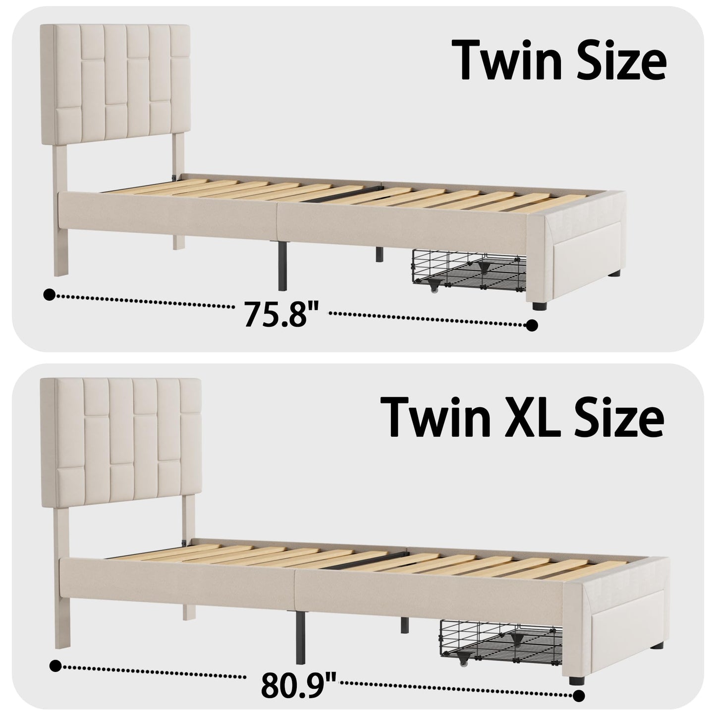 LIKIMIO Twin XL Bed Frame with Under-Bed Drawer, Platform Upholstered Bed with Headboard, No Box Spring Needed/Noise-Free, Beige