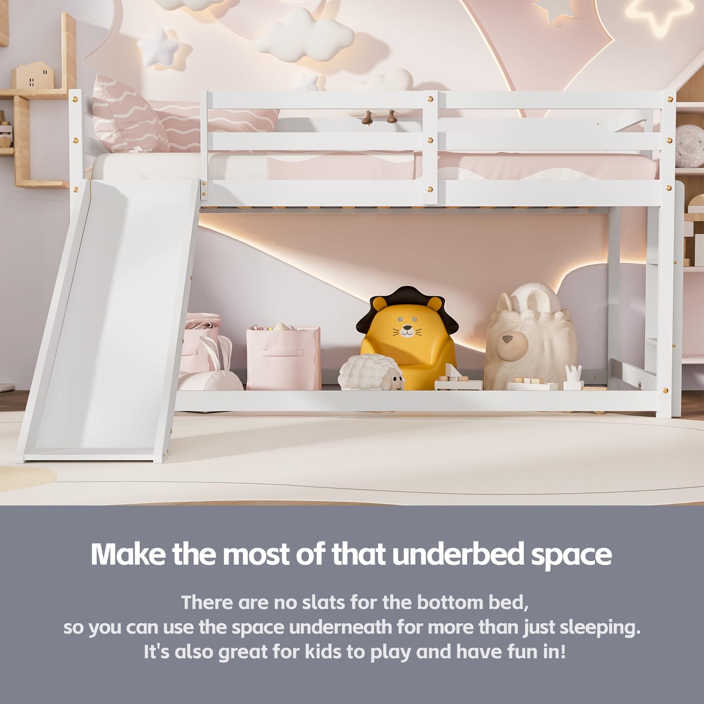 OLEAD Low Bunk Bed with Slide, Floor Loft Bed with Climbing Ladder, Wood Twin Bunk Bed Frame with Full Guardrails & Storage Space for Kids Toddler