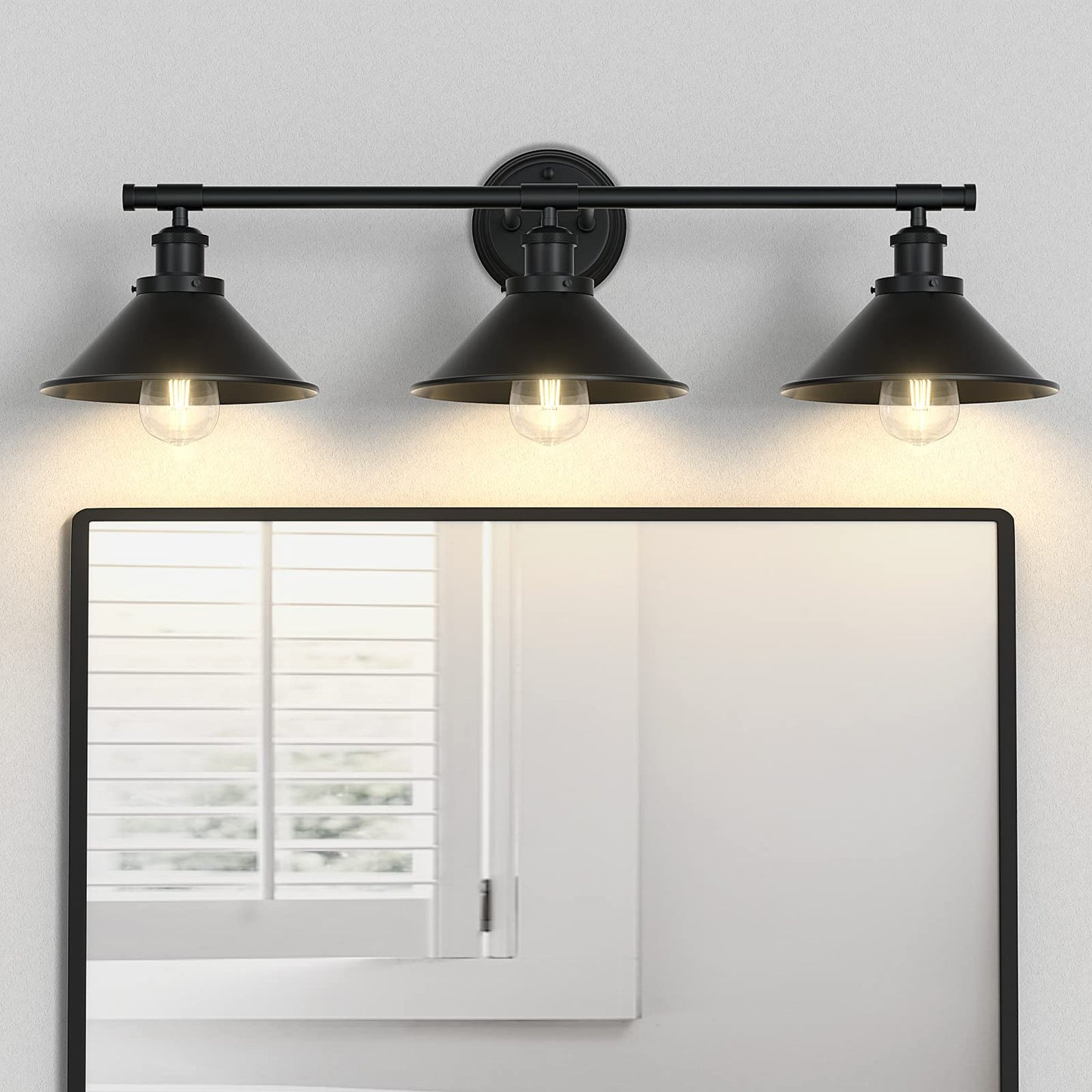 Licperron 3-Light Black Bathroom Vanity Light Fixtures Over Mirror, Farmhouse Vanity Wall Sconce Lighting with Metal Shade, Indoor Wall Mounted Lamp for Bathroom Mirror Cabinet Living Room