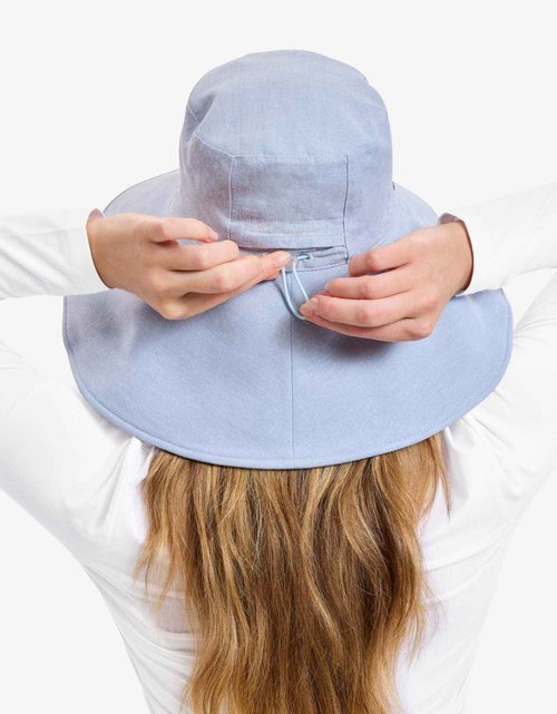 Solbari Women’s Ultra-Wide Cotton Linen Sun Hat UPF 50+ - Light Blue/Beige - Large-X-Large