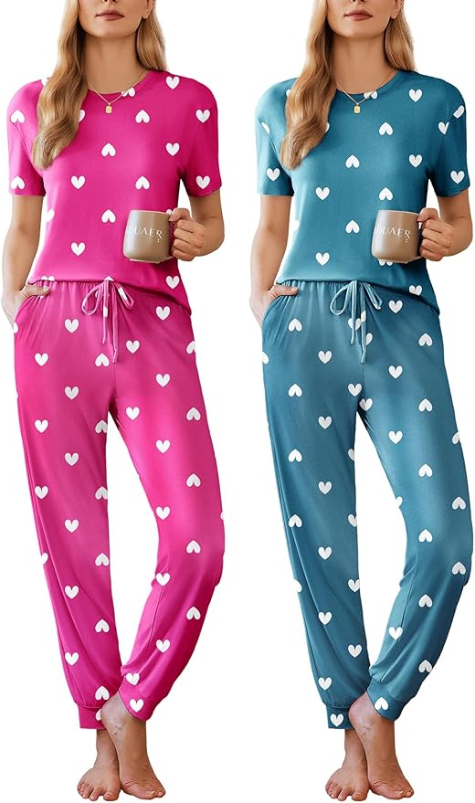 Ekouaer Pajamas for Women Set 2 Pack Lounge Set Short Sleeve Pjs Joggers Long Pants Loungepwear with Pockets