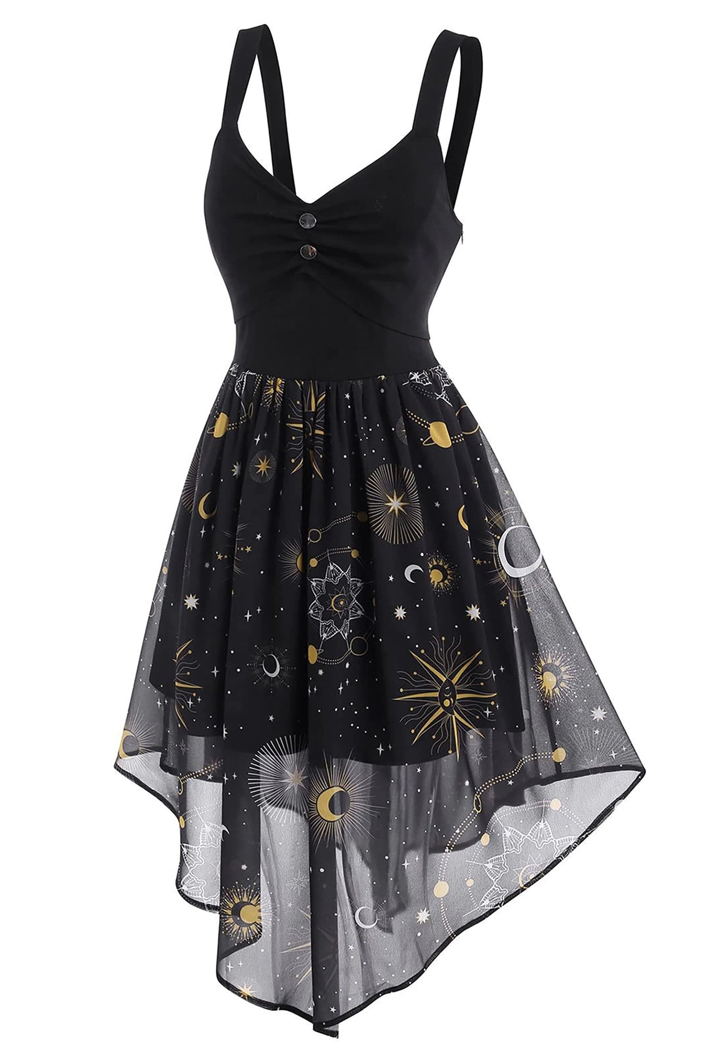 FEAPHY Women's Vintage Chiffon Sun Moon Star Sleeveless A-Line High Low Dress (0-Galaxy-Black, L)