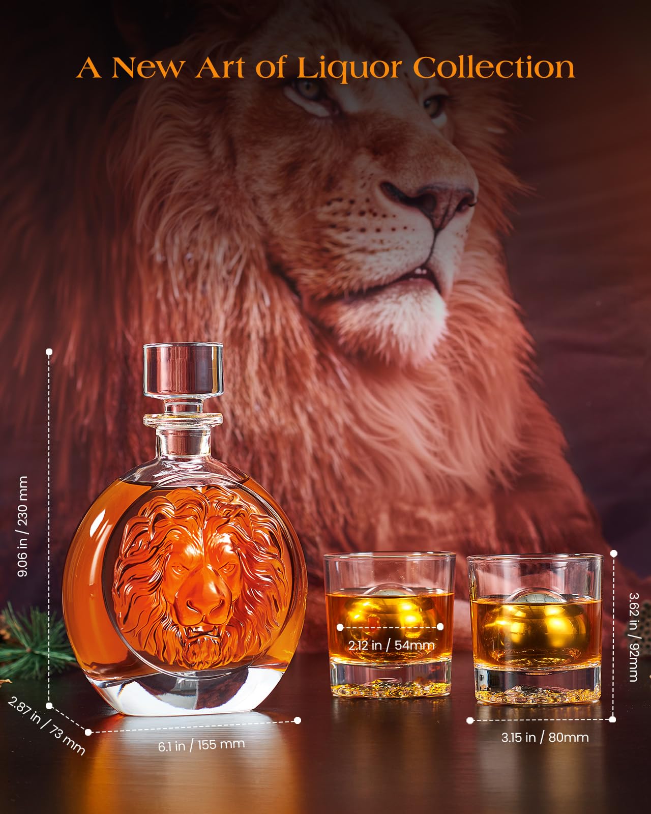 Engraved Lion Whiskey Decanter Set Gift for Men, Including 2 Lion-Engraved Shot Glasses & 2 Whiskey Ice Balls, Unique Christmas Birthday Gifts for Men Dad Husband, Cool Whiskey Set for Husband Brother