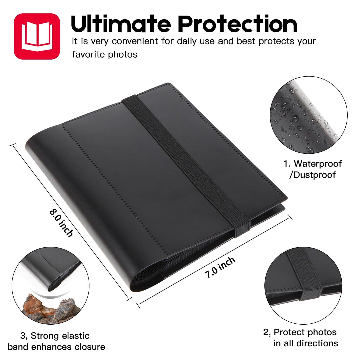 Aevdor 5x7 Photo Album Holds 64 Photos Black Inner Pages with Strong Elastic Band, Small Photo Album 5x7, Mini Picture Book for 5 x 7 Artwork, Pictures, Kids Art Storage, Postcards, Drawings (Black)