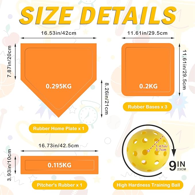 NVAAV Baseball & Softball 5 Piece Base Set, Rubber Field Bases for Kids & Adults, with 5 Piece Training Balls and Storage Bag, Throw Down Base for Backyard Teeball, School Kickball Practice