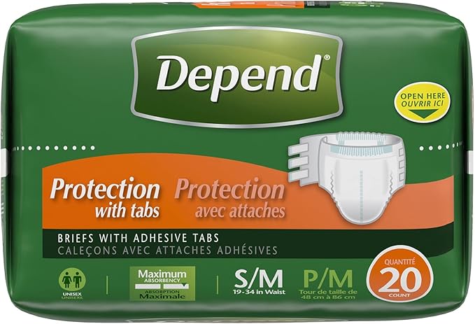Depend Protection with Tabs, Maximum Briefs S/M, 20 Count 19-34 in Waist