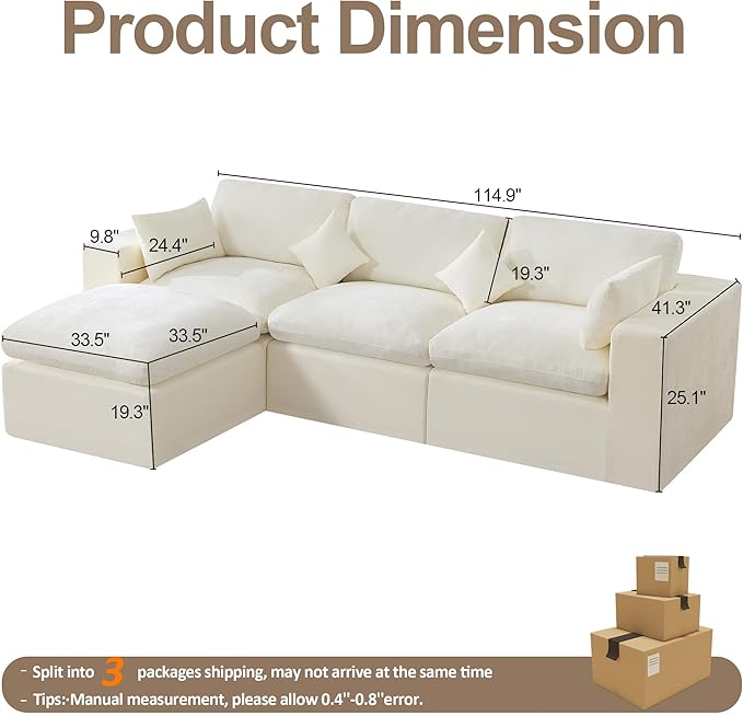 115''Cloud Boneless Sectional Couch, Modular Sectional Sofa Deep Seat with Ottoman, Oversized Upholstered Convertible Comfy 4 Seater Chenille Sofa L Shape Couches for Living Room, Beige