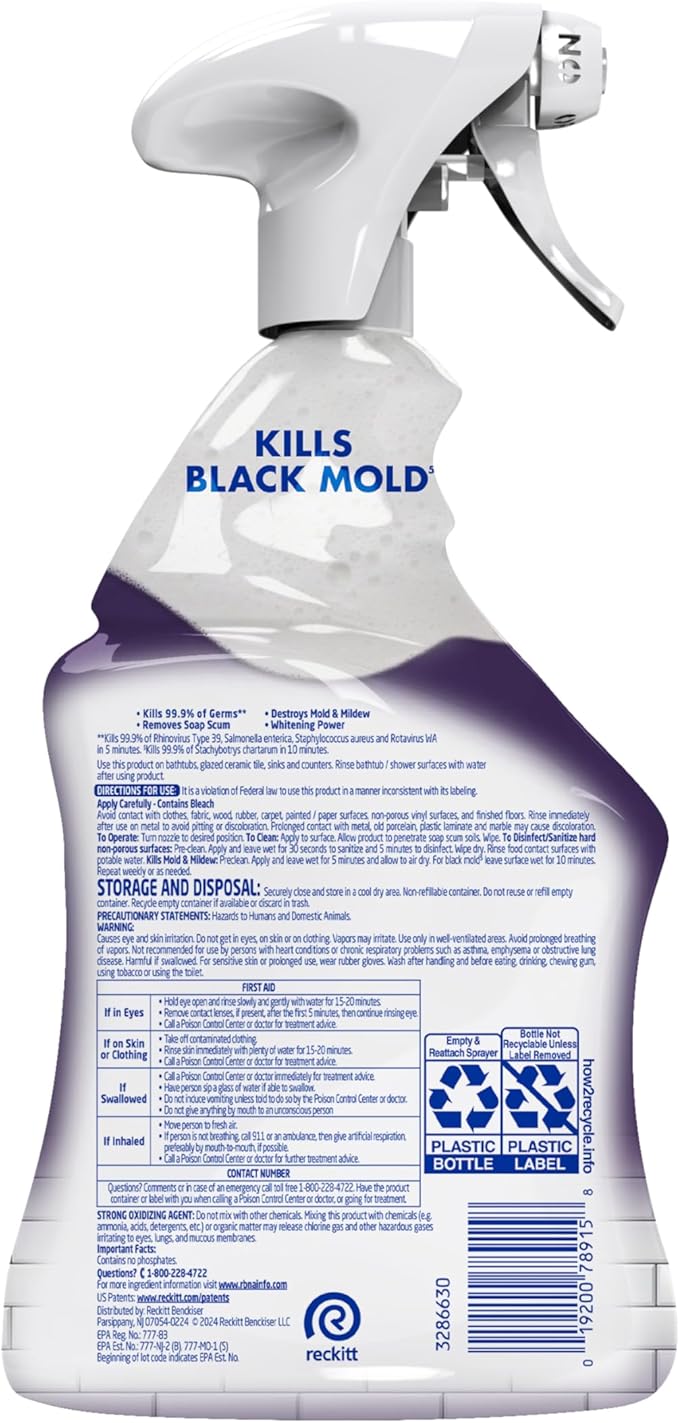 Lysol Mold & Mildew Remover Spray, Bathroom & Shower Cleaner, Disinfectant Spray, Stain Remover with Bleach, Tough on Black Mold, Multipurpose Cleaner for Home and Kitchen, 32oz (3 Pack)