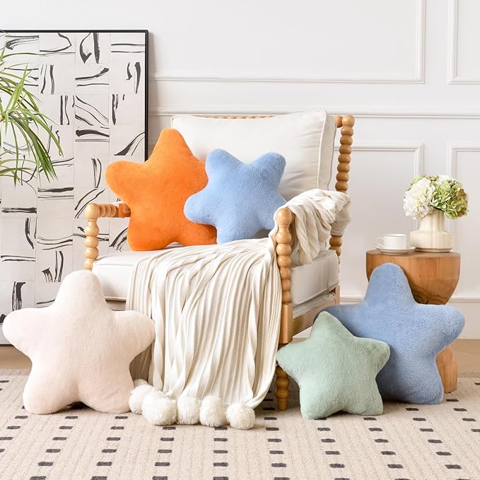 Xiashrk Star Pillow, Decorative Throw Pillows for Bed Couch, 15" Star Shaped Pillow Plush Floor Cushions Room Decor Pillow with Faux Rabbit Fur for Sofa Bedroom Living Room (Sage Green, 19.6" x 19.6")