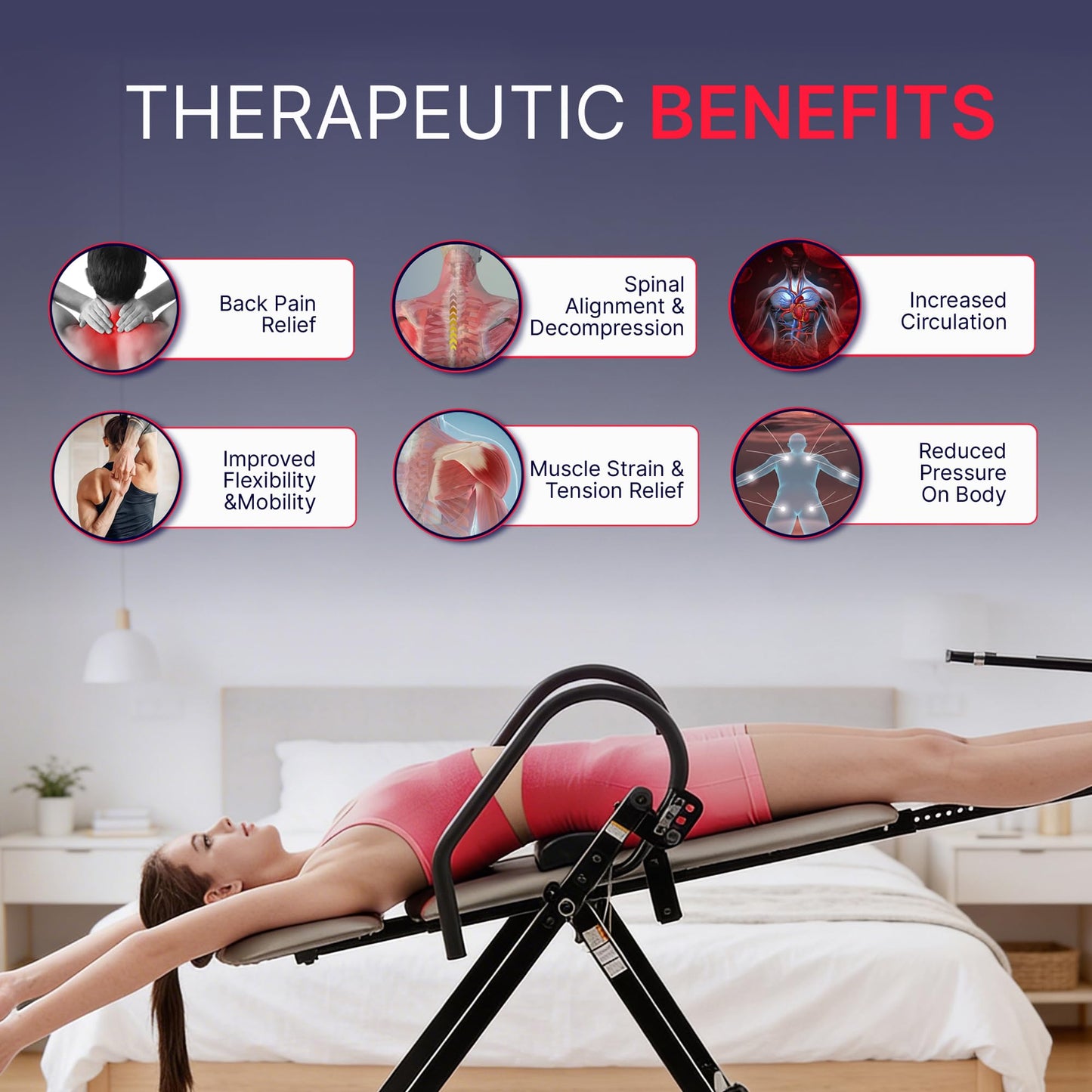 MediSonic Pro Inversion Table with Adjustable Heat & Vibrating Massage Lumbar Pad, Diamond-Stitched Comfort Backrest, Multiple Inversion Angles, 300 lb Capacity, Home Use, Blue