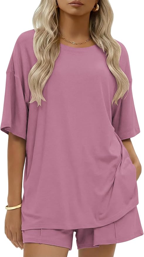 Ekouaer Womens 100% Cotton 2 Pieces Short Sets Summer Short Sleeve Outfits Casual Maching Lounge Set with Pockets