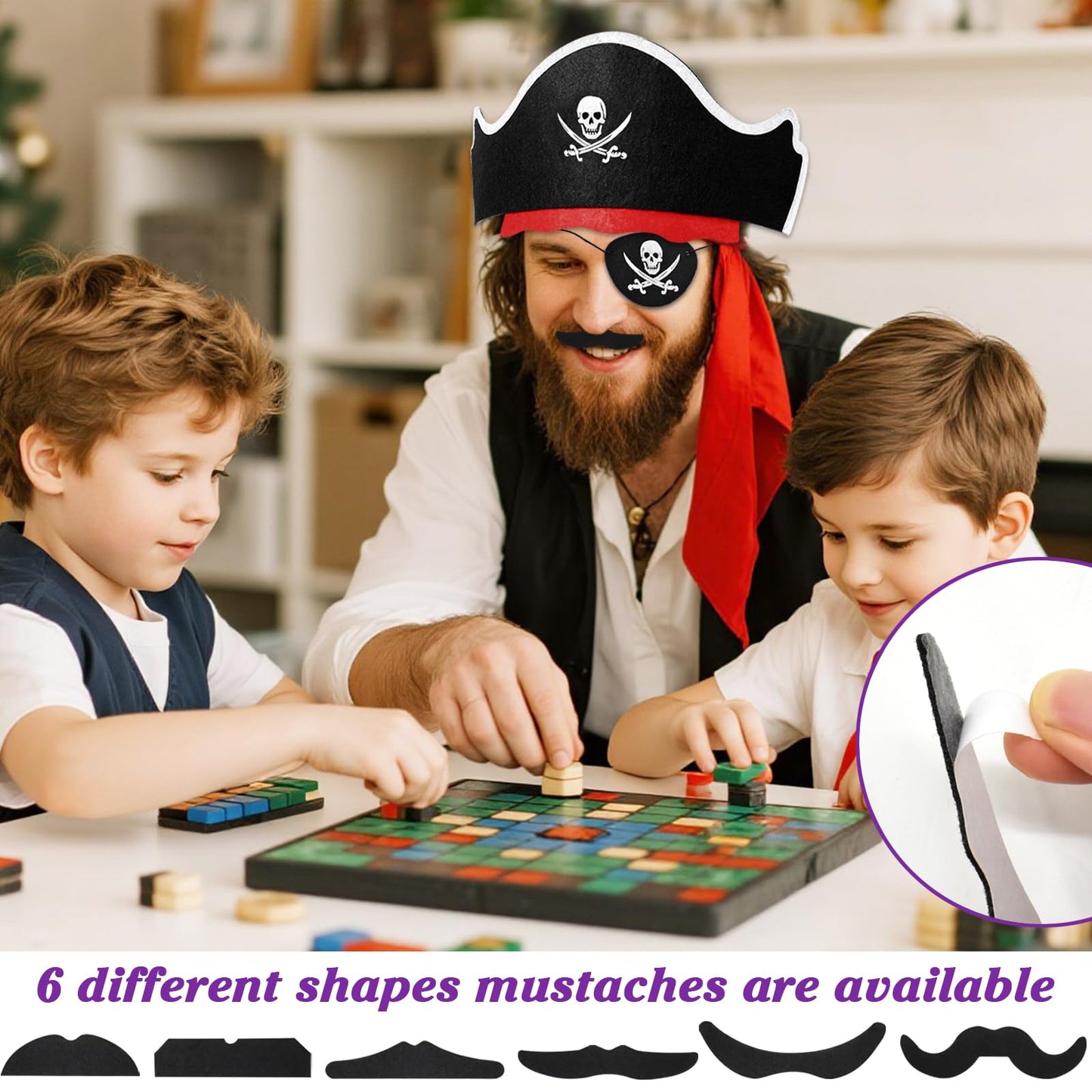 Halatool Pirate Hat Set for Kids, 36 Pcs Felt Pirate Hat, Skull Print Eye Patches, Fake Mustaches - Pirate Party Favors for Halloween, Masquerade, Cosplay