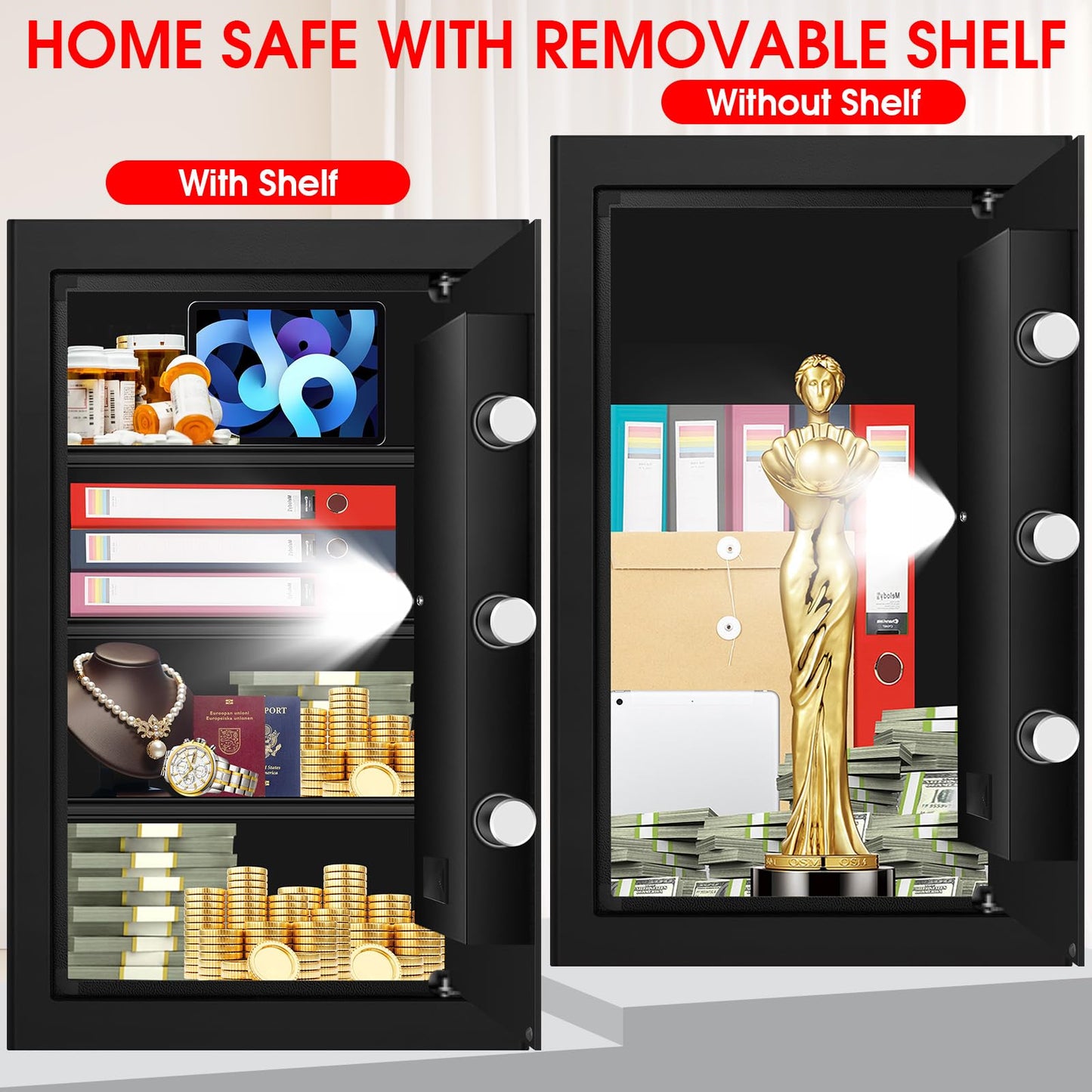 5.1 Cuft Large Home Safes Water and Fireproof with Digital Keypad & Key Lock, Fire Security Safes with 3 Removable Shelves, Anti-Pry Safe Box for Money Documents Jewelry, 23.62"H x14.96"W x 12.2"D