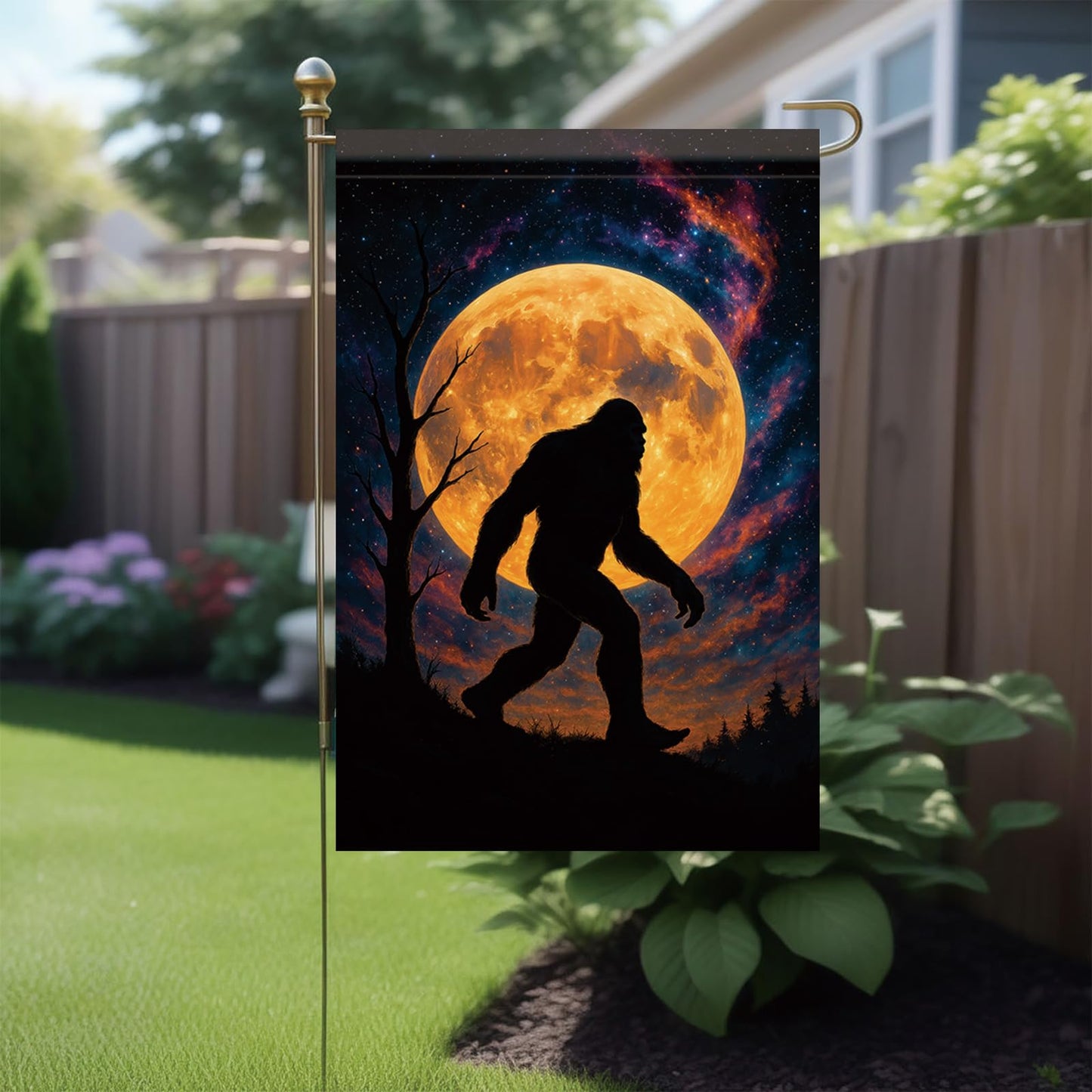 Starlit Patio Halloween Fall Garden Flag Sasquatch Flag 12x18 Inch Double-Sided Full Moon Forest Yard Banner Spooky Outdoor Decor for Porch Lawn Pathway Cryptid Lover Gift
