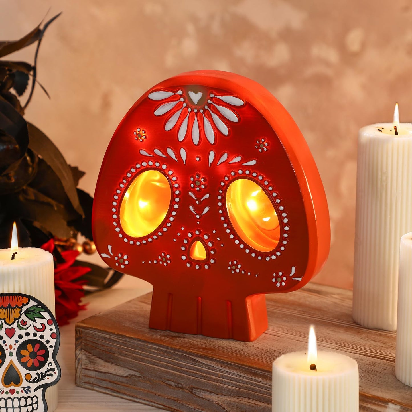 Mexican Skull Table Decor 7.9 Inch Day of The Dead Sugar Skull Dia De Los Muertos Figurines Skeleton Statue Resin Table Centerpiece Ornaments for Halloween Tabletop Mantel Home Decoration Indoor