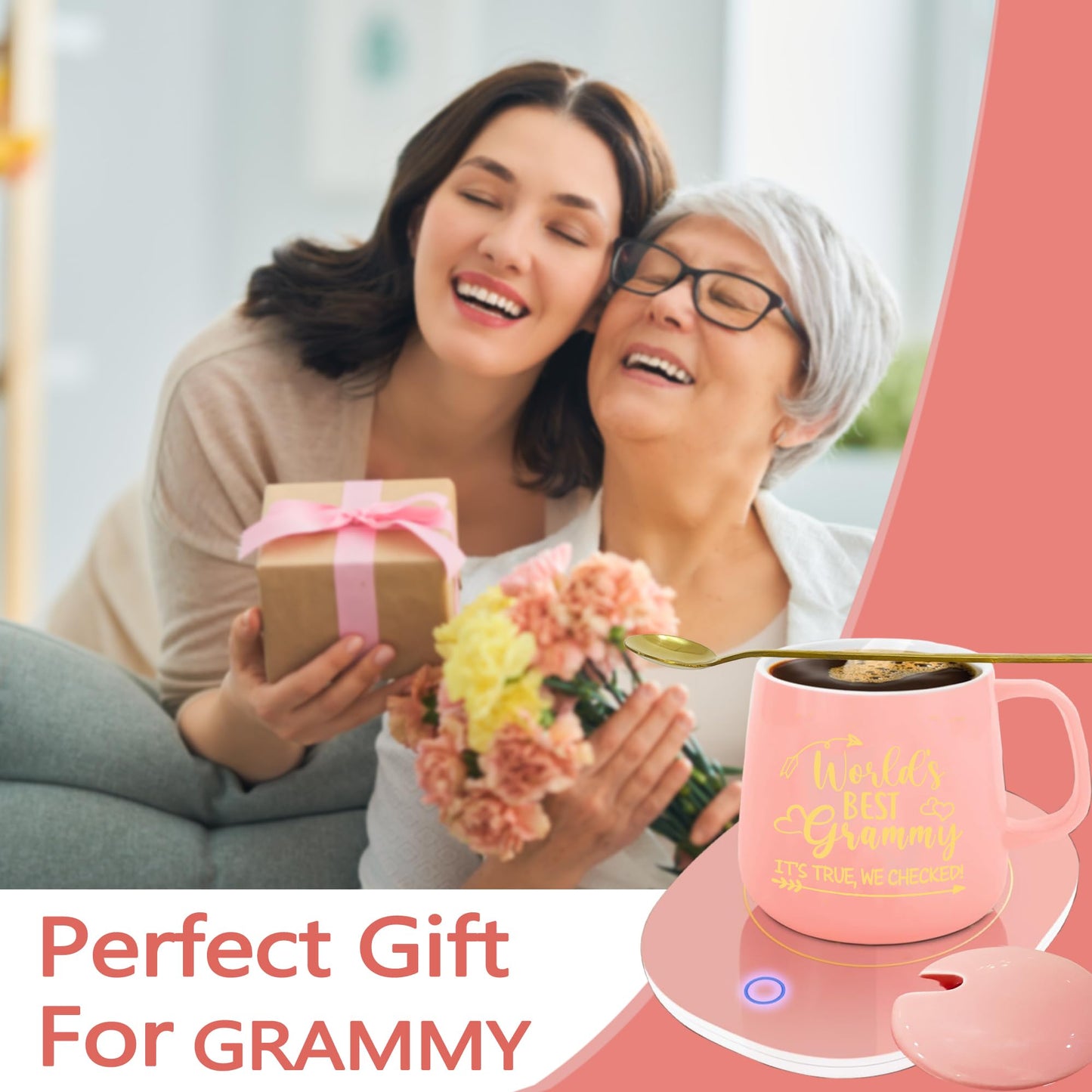 Grammy Gifts, Mothers Day Grammy Gifts from Grandkids Coffee Mug Warmer & Mug, Auto Shut Off Smart Warmer Coaster, Smart Electric Beverage Warmer for Coffee, Tea for Birthday, Grandparents Day