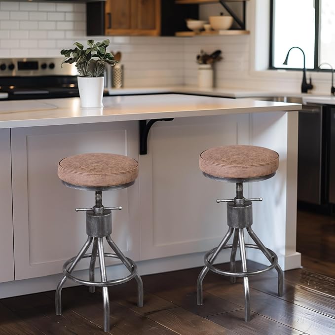 BOKKOLIK Industrial Bar Stools Swivel Pu Seat Vintage Kitchen Island Counter Stool 23-33inch Height Adjustable Rustic Shop Chair (Set of 2)