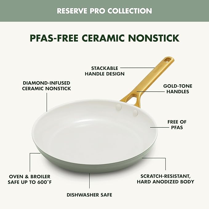 GreenPan Nonstick Reserve Pro 10” & 12” Frying Pan Set, NSF Certified Ceramic, Hard Anodized PFAS-Free Skillets, Stainless Steel Handles, Oven & Dishwasher Safe, Moss Green