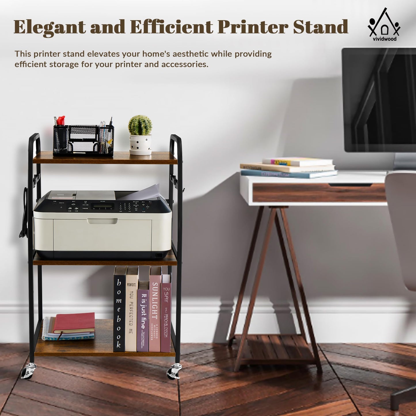 Vividwood Printer Stand - Large 3 Tier Printer Table with Adjustable Storage Shelf - Rolling Cart with Wheels -Stable Desk for Home Office Use (Rustic Brown)
