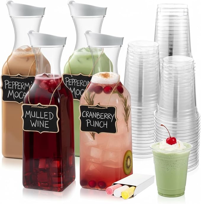Chengu 61 Pcs Mimosa Bar Supplies 4 Pack 50 oz Plastic Water Carafe with Lid and Cups Label, Clear Pitcher with Lid Tags D...
