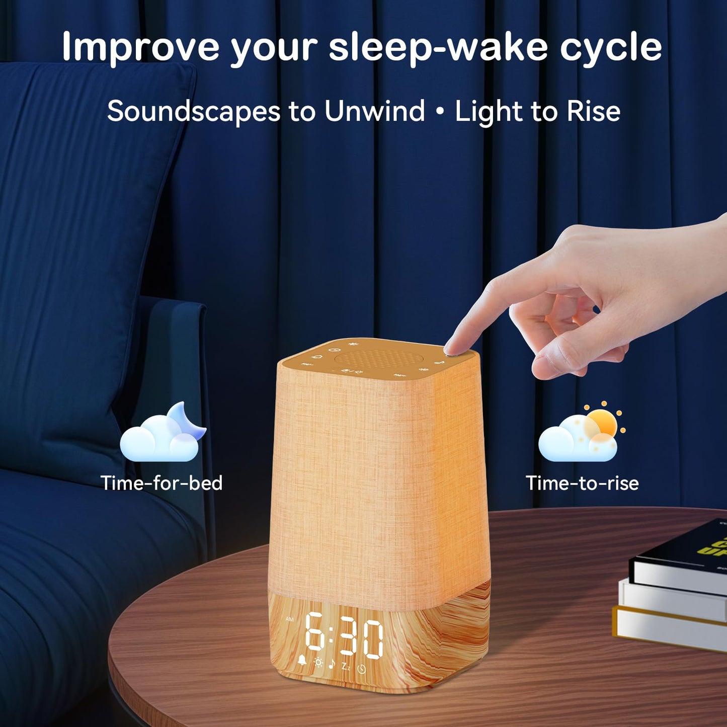 Sunrise Alarm Clock with Noise Machine: Digital Alarm Clock for Bedrooms, Nature Sounds for Gentle Wake Up, 30 Sleep Sounds, Adjustable Brightness & Volume, Timer - Wood Grain